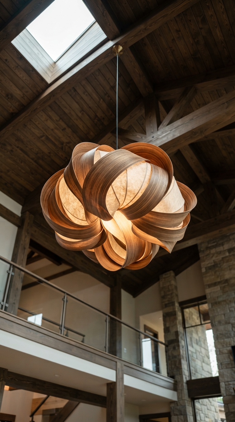Sculptural statement pendant light above a contemporary bedroom bed
