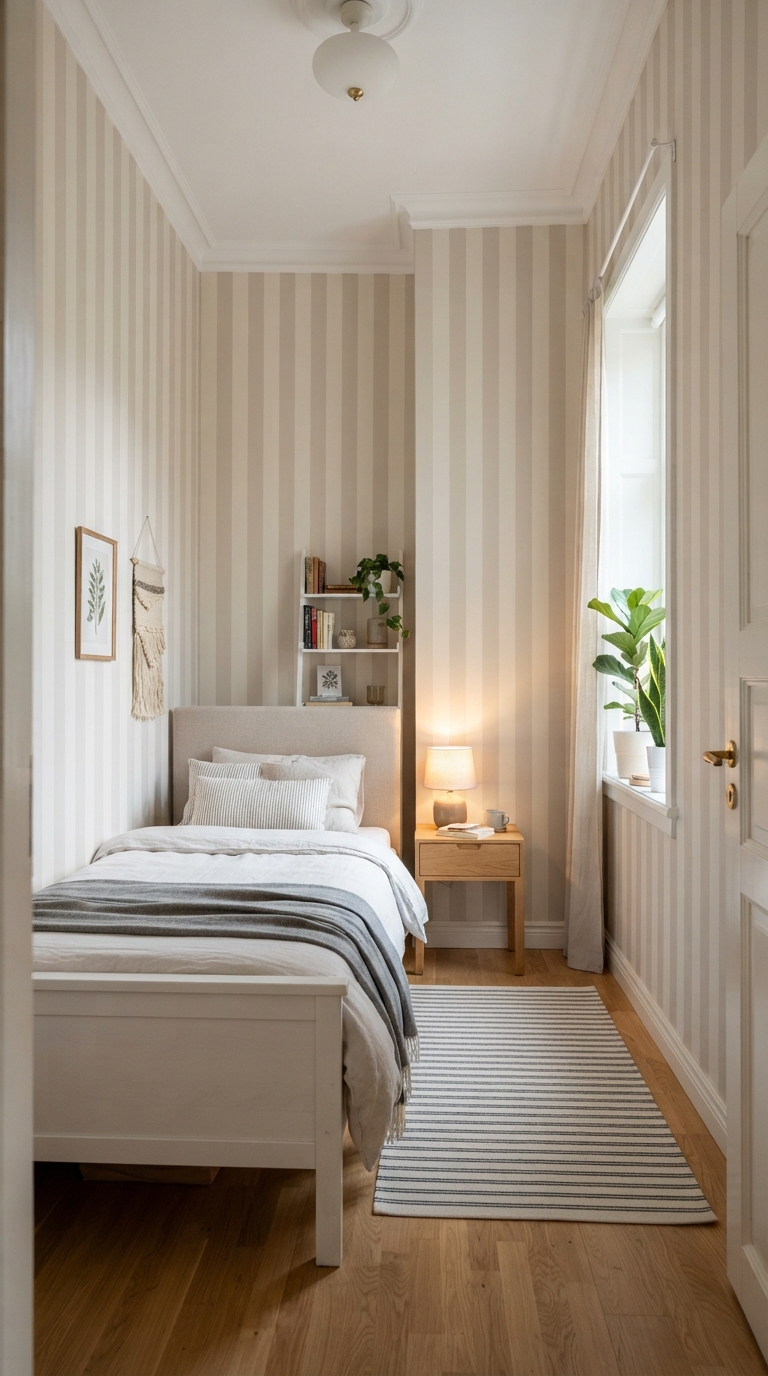 Small contemporary bedroom with a subtle vertical stripe accent wall