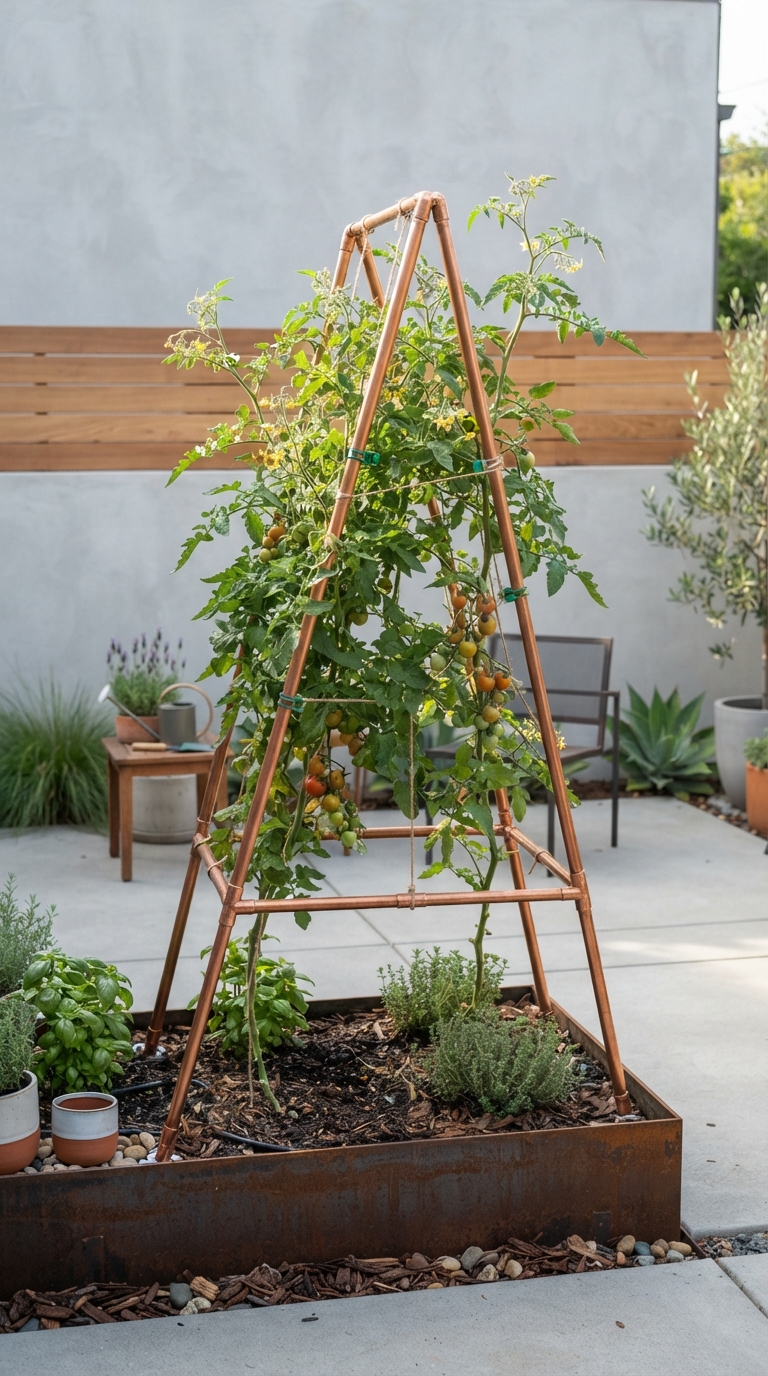 Modern copper pipe trellis supporting tomato plants in a minimalist garden
