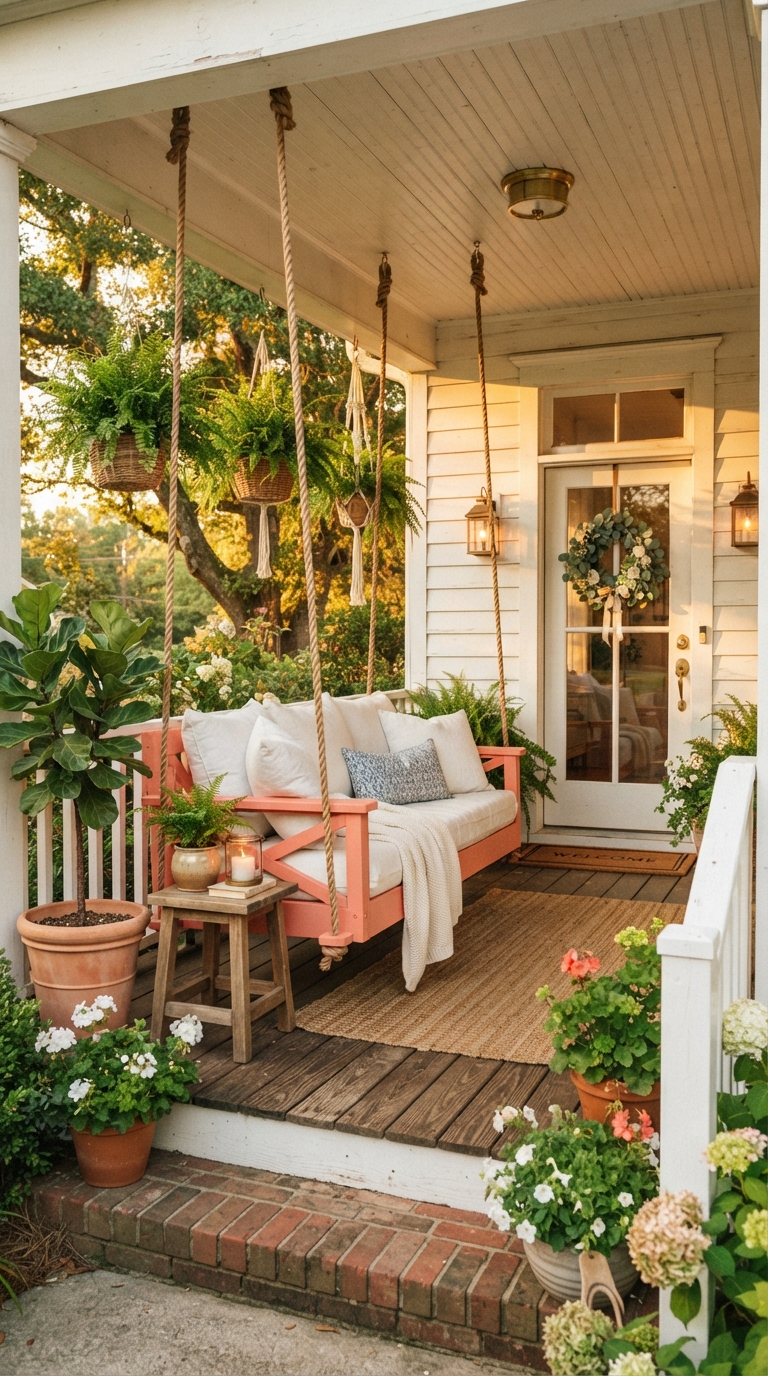 Coral porch swing color idea for a tropical front porch