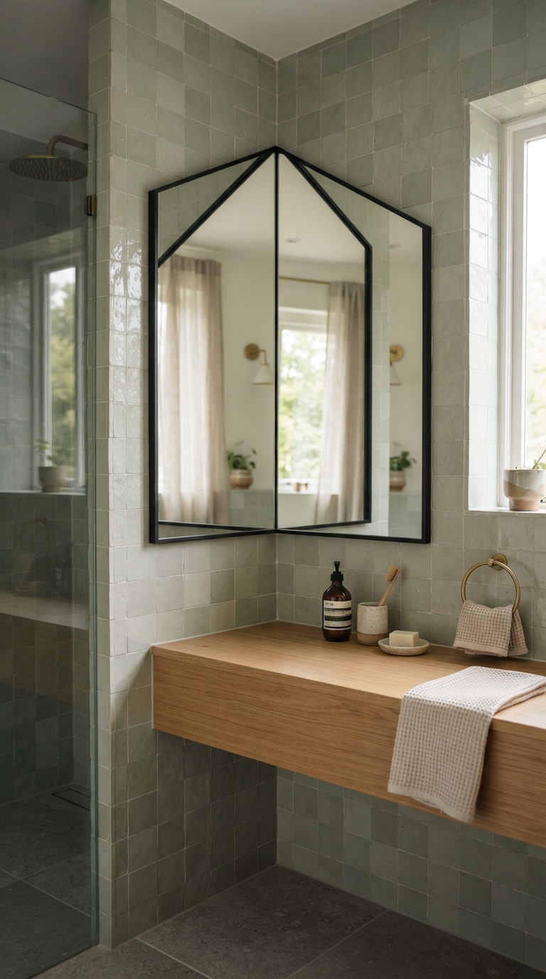 Corner mirror fitted into an awkward angled bathroom layout