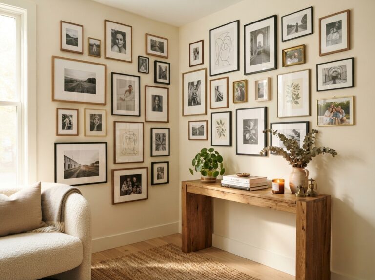 Creative corner photo gallery wall with framed photos and modern home