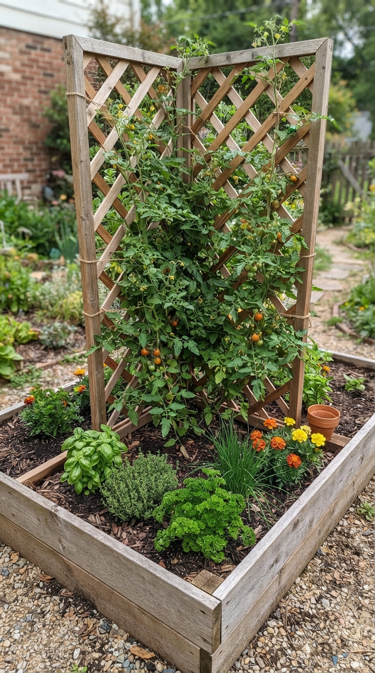 Corner-mounted trellis supporting tomato plants in a raised garden bed