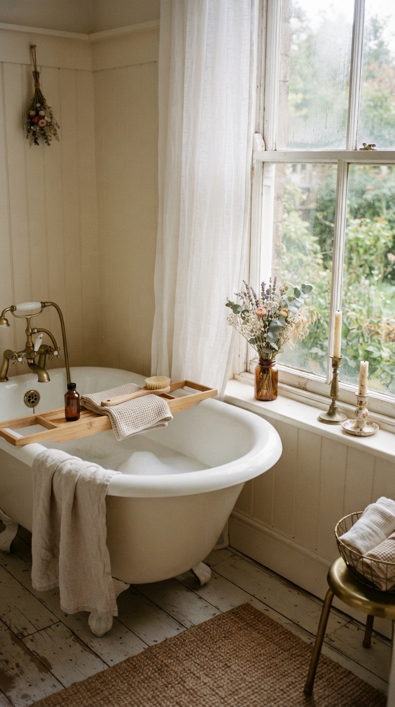 Cottage drapery bathtub corner decor with dried florals