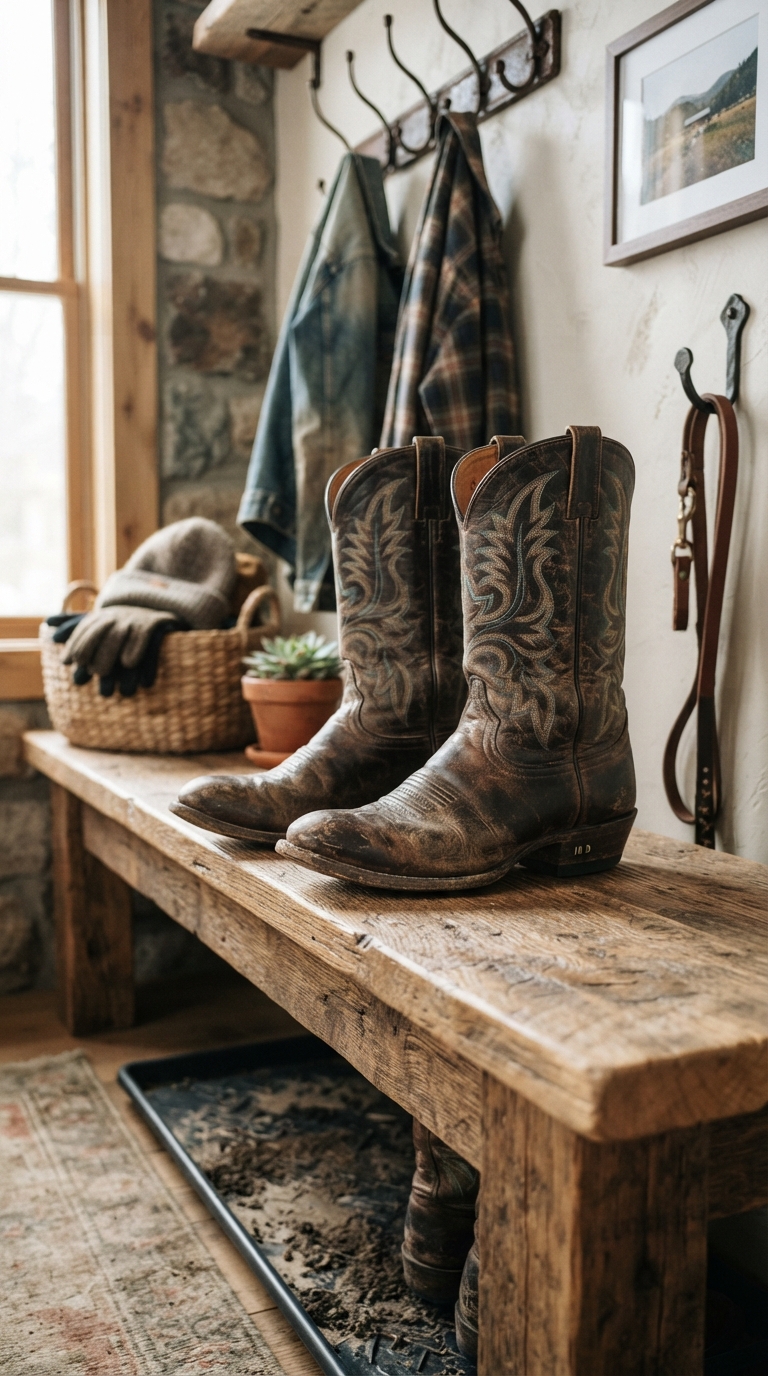 Cowboy boots displayed as decor in a Western-style entryway.