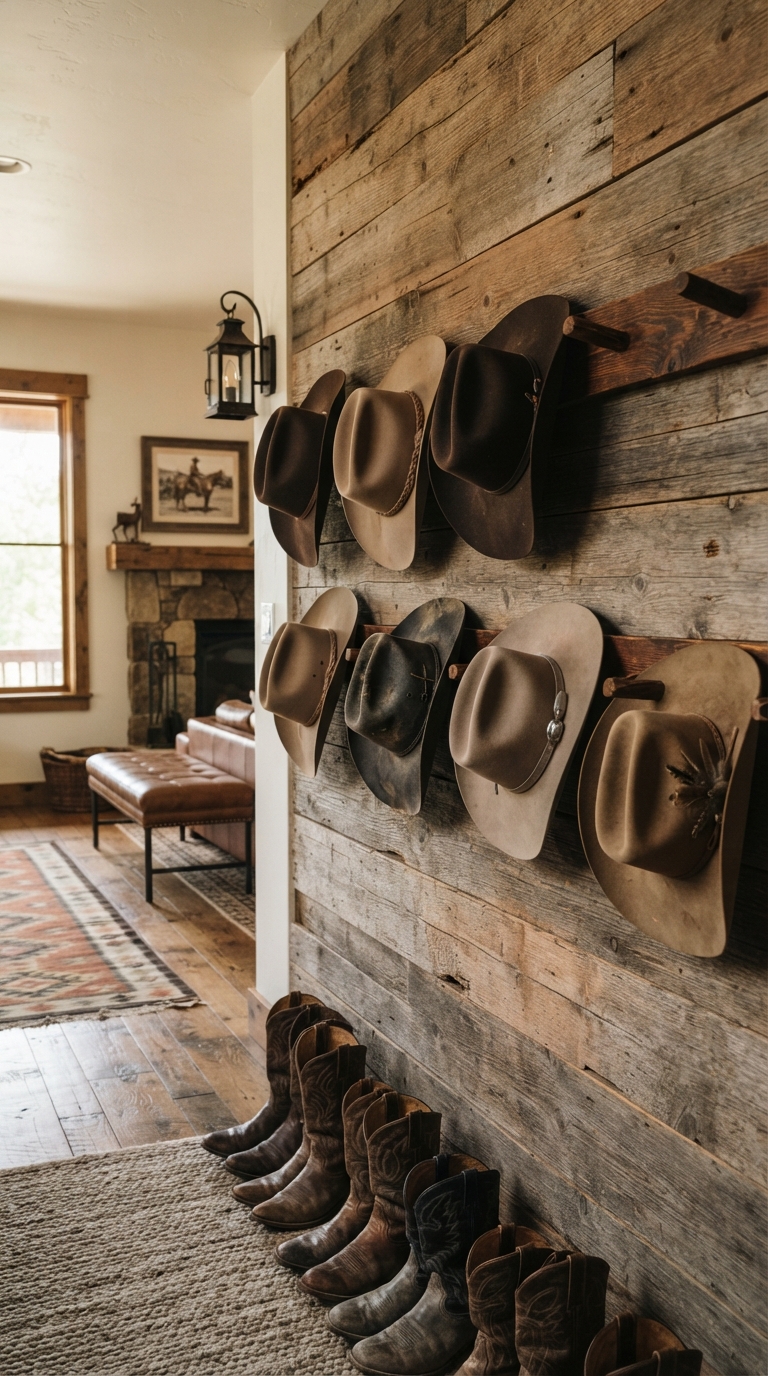 Cowboy hat gallery wall in a Western-style entryway