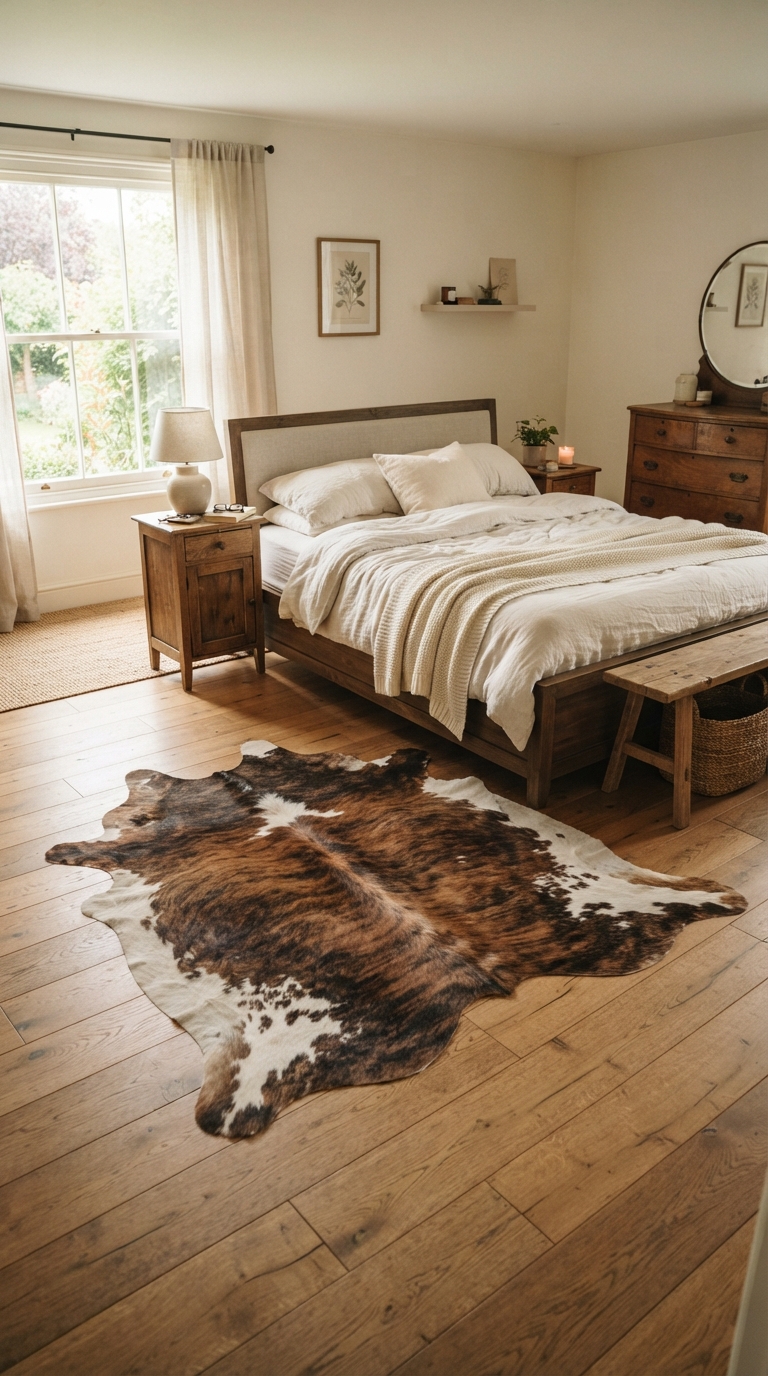 Cowhide rug grounding a Western-style bedroom with natural texture