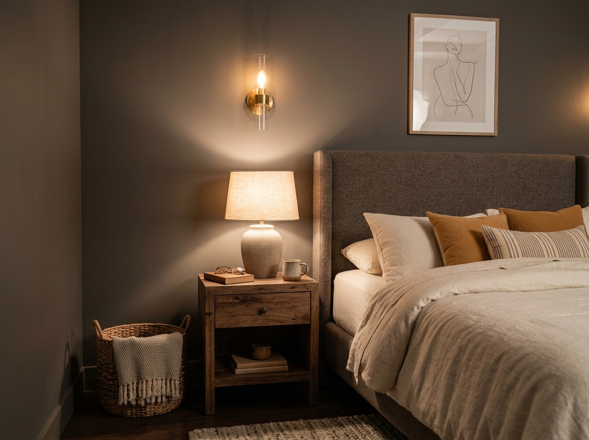 Cozy modern bedroom with warm ambient lighting and layered light sources