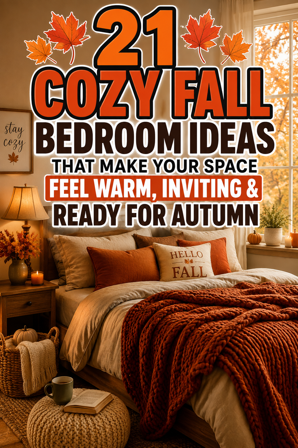 Warm fall bedroom with cozy autumn bedding and seasonal decor