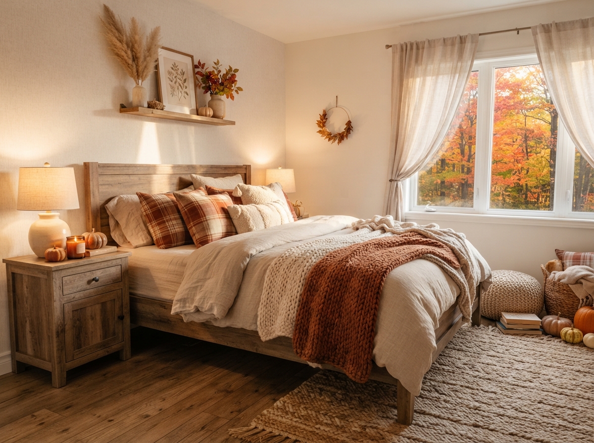Cozy fall bedroom with warm autumn bedding, soft lighting, and seasonal decor