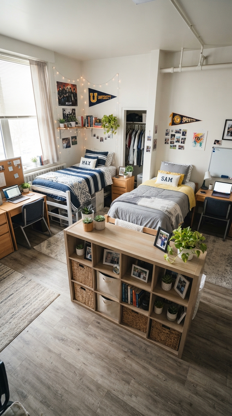 Cube storage unit used as a room divider in a shared dorm room