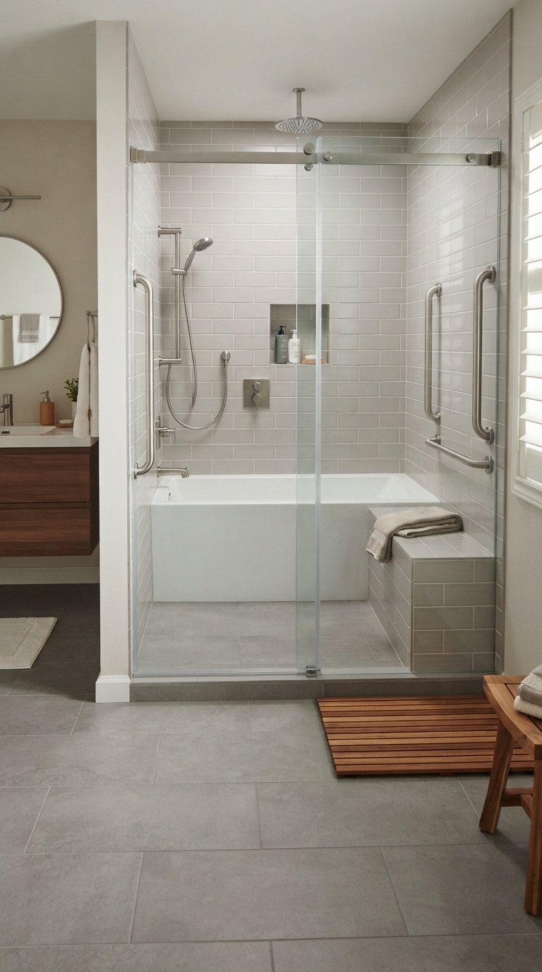 Curbless accessible soaking tub and shower combo