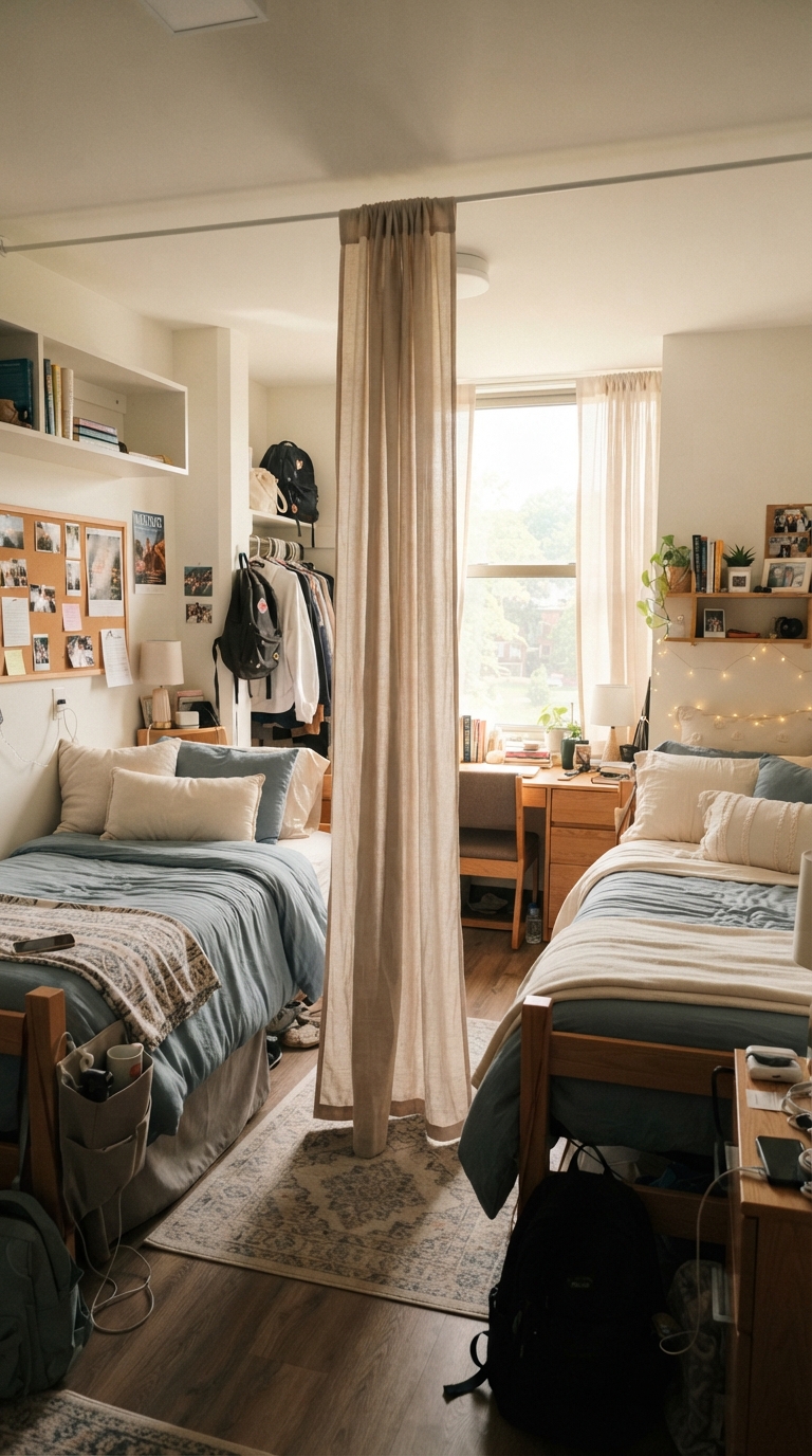 Curtain divider providing privacy between two beds in a shared dorm room