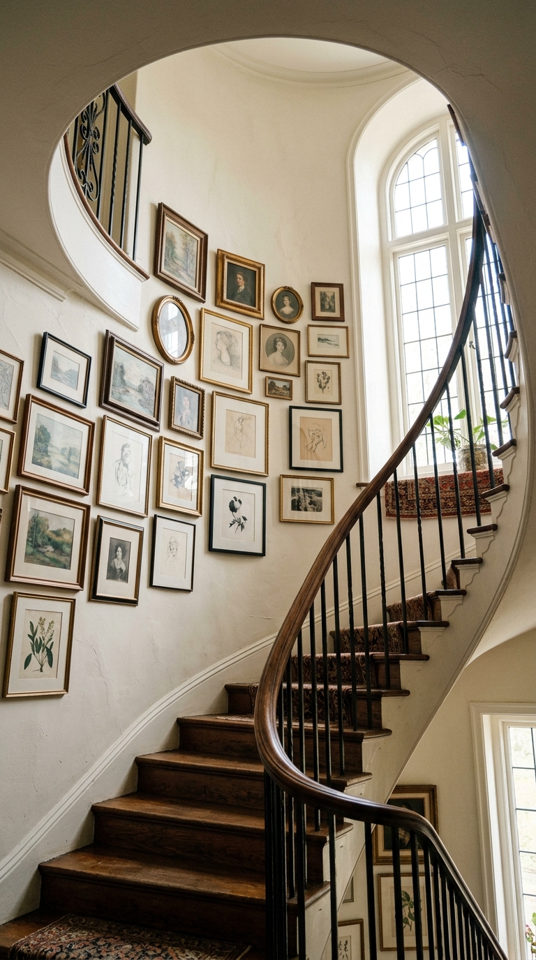 Curved staircase gallery wall following the arch of the wall