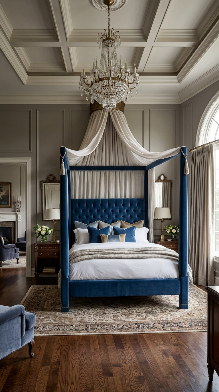 Custom upholstered four-poster canopy bed in a primary suite