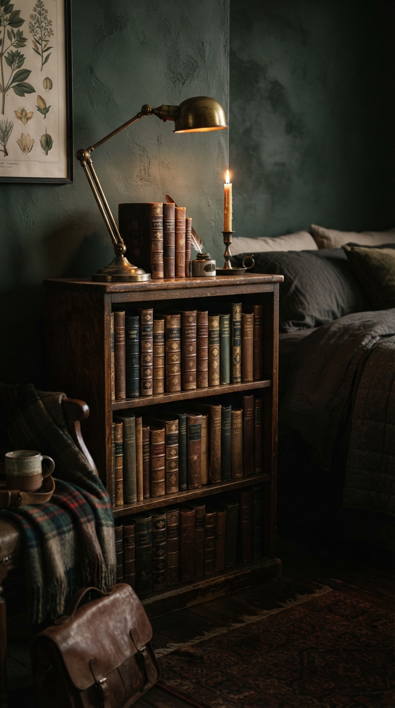 Dark academia bookshelf styling with vintage books and brass accents in a moody bedroom