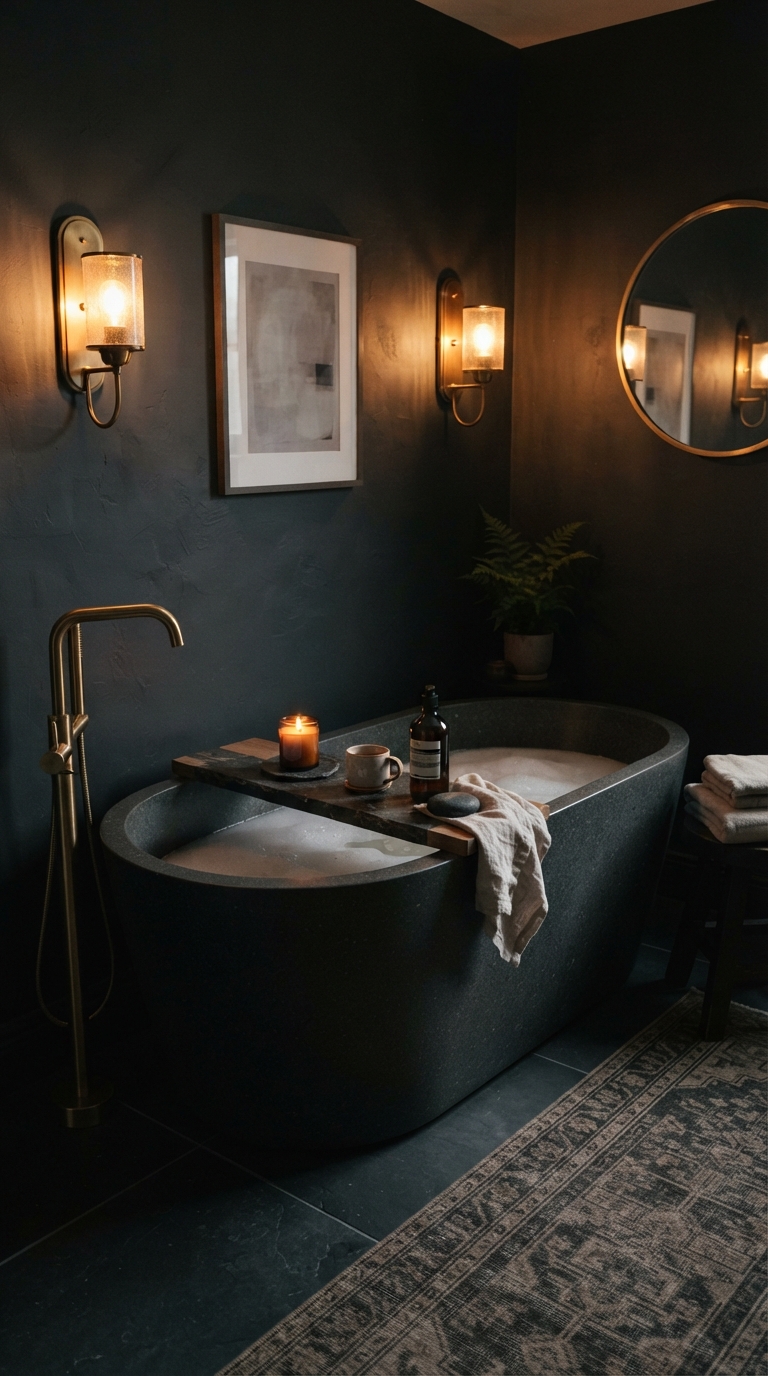Dark moody bathtub sanctuary decor with brass sconces Dark moody bathtub sanctuary decor with brass sconces Small Bathroom Tub Nook