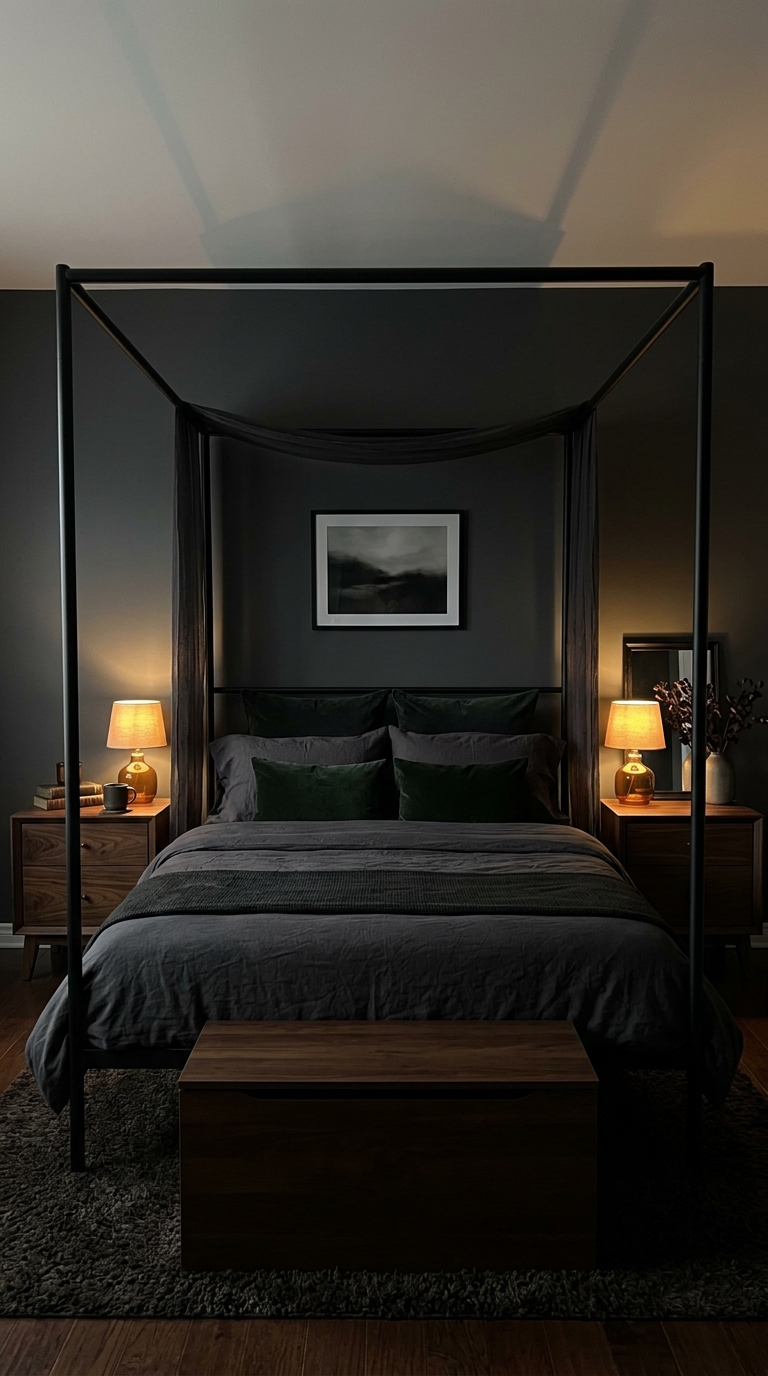 Dark moody canopy bed frame set against deep-colored walls