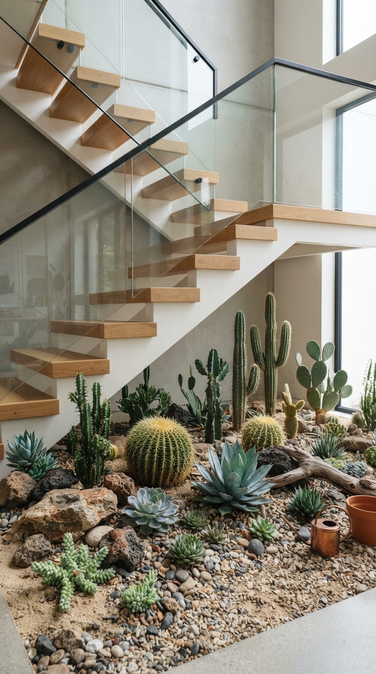 Desert succulent and cacti garden styled under a staircase