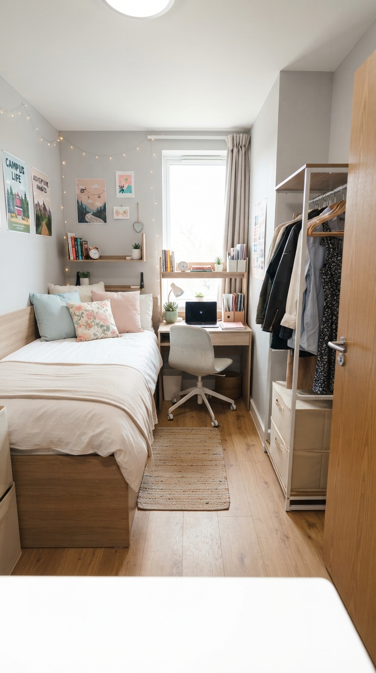 Small dorm desk placed at the foot of the bed to save wall space