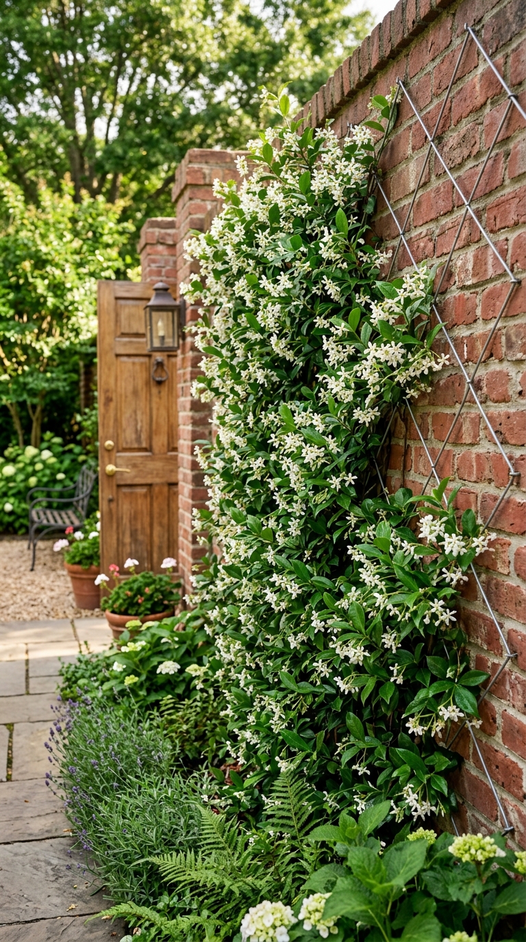 Star jasmine trained on a diamond pattern wire trellis against a brick wall