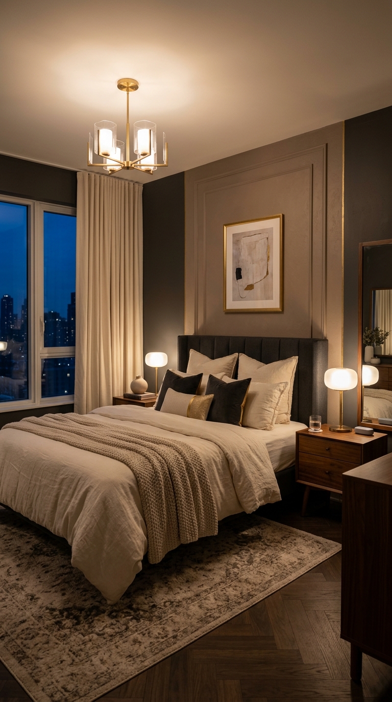 Bedroom with dimmable warm smart lighting creating a cozy nighttime mood