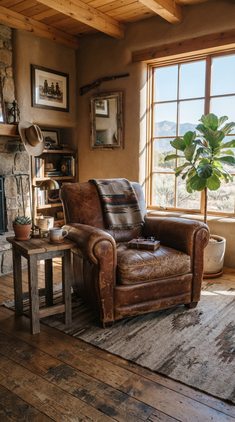 Distressed leather armchair in a Western-style living room.