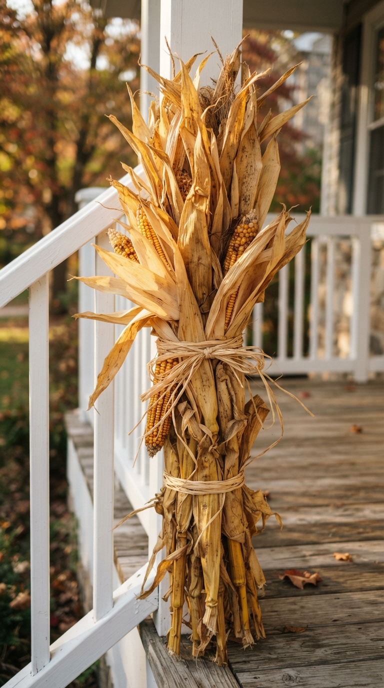 DIY corn stalk columns tied with raffia decorating a porch railing for fall