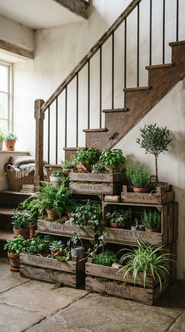 DIY wooden crate planters styled under a staircase