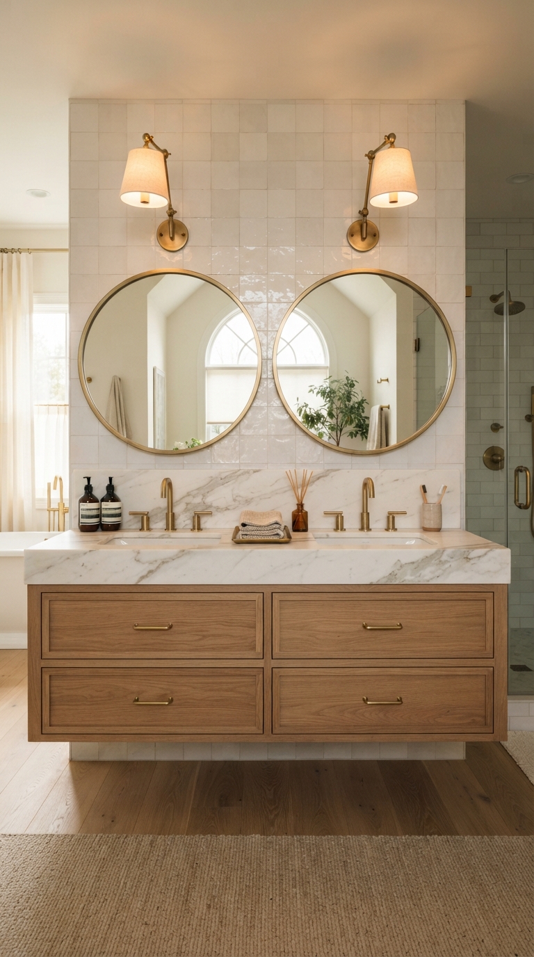Double matching mirrors centered above a double bathroom vanity