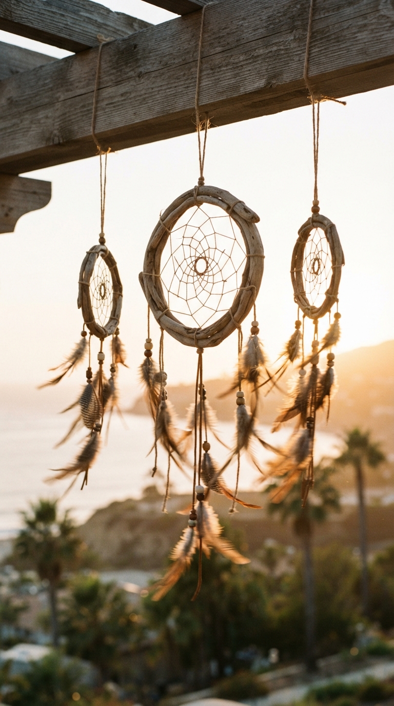 Layered dreamcatcher display hanging from a pergola beam in a whimsical hippie garden
