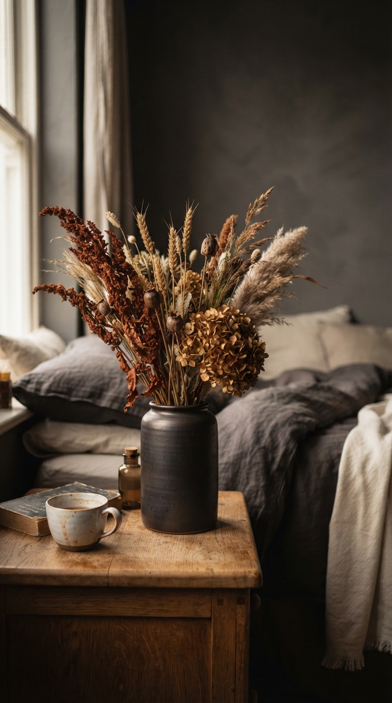 Dried floral arrangement in a dark ceramic vessel in a moody fall bedroom