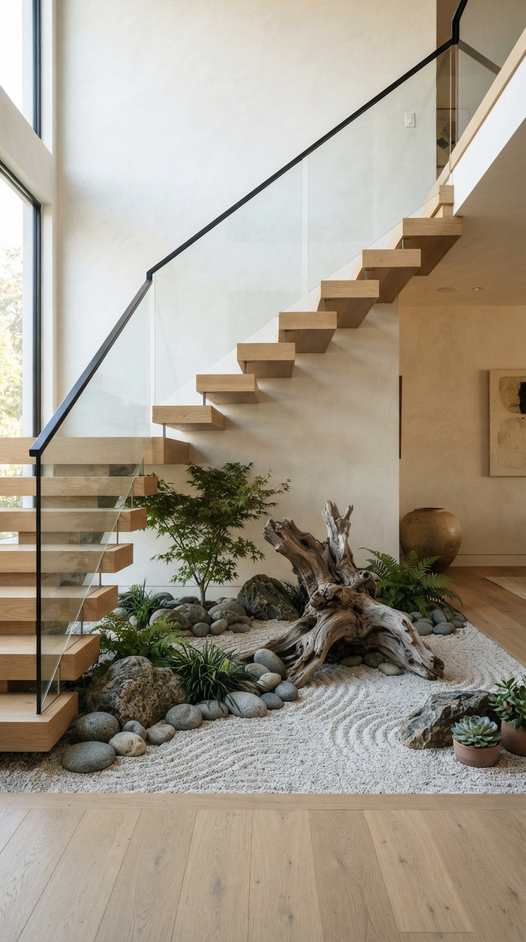 Dry garden with decorative stones styled under a staircase