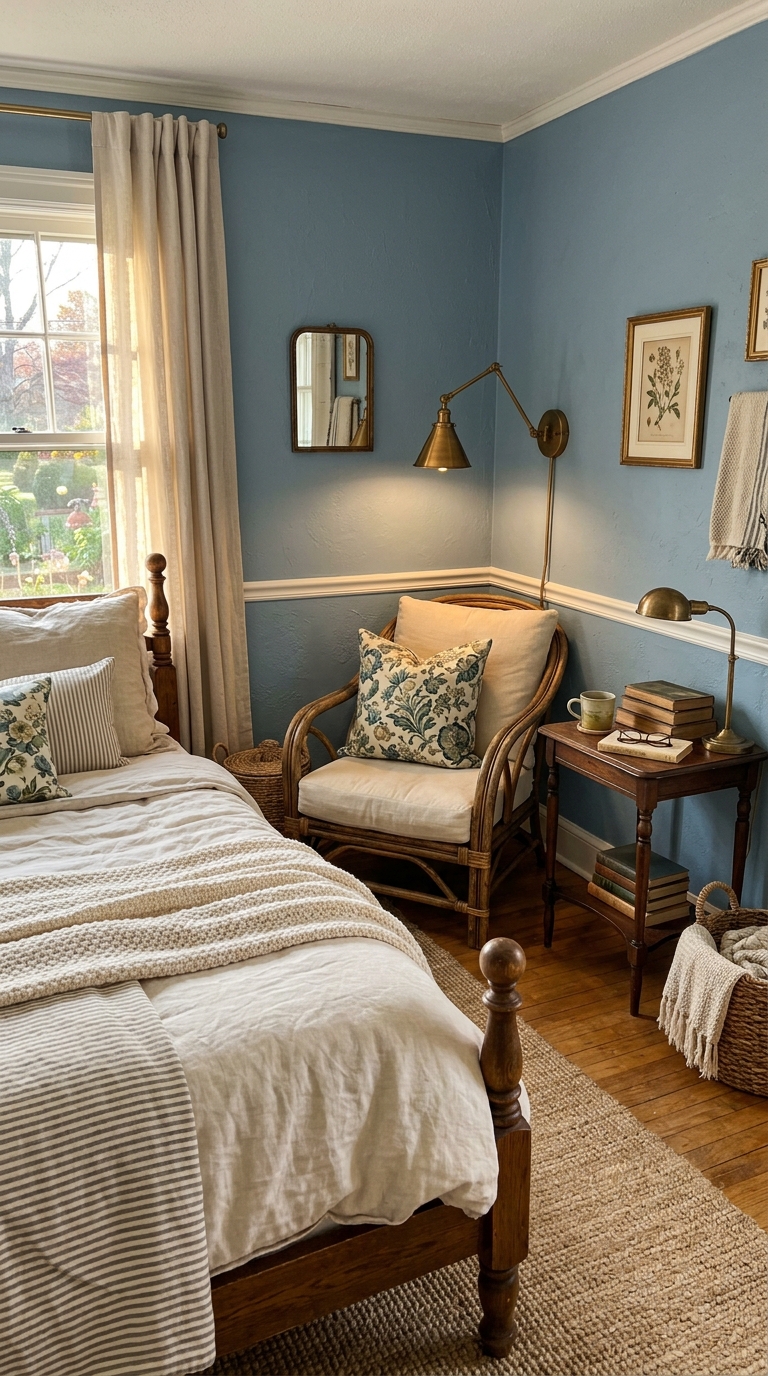 Dusty blue coastal bedroom with vintage rattan furniture