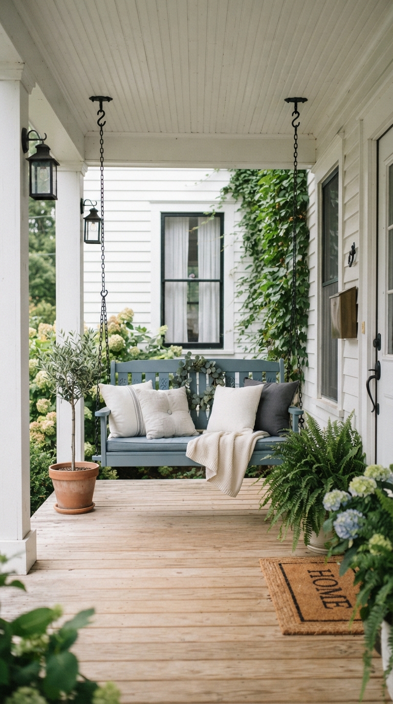 Dusty blue porch swing color idea for a farmhouse front porch