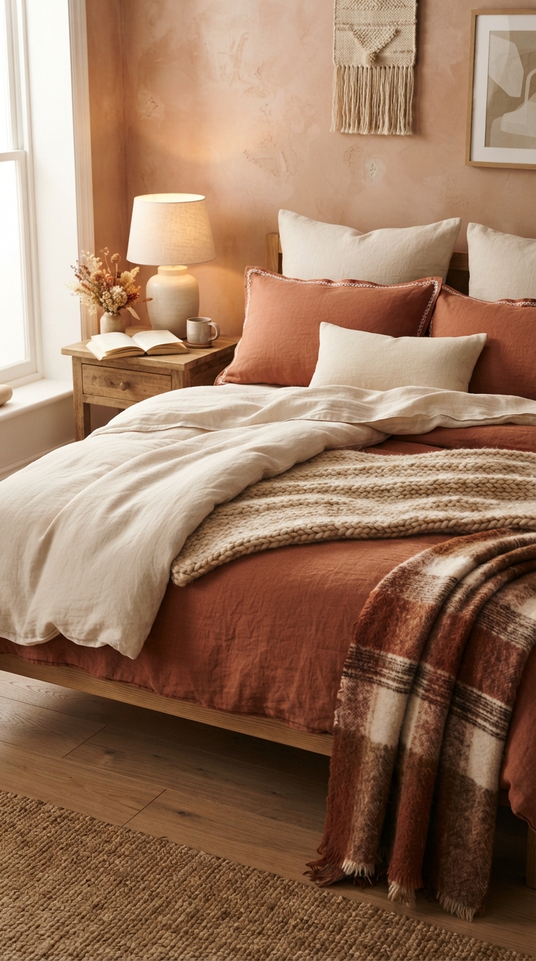 Earth-tone layered bedding in a Western-style bedroom