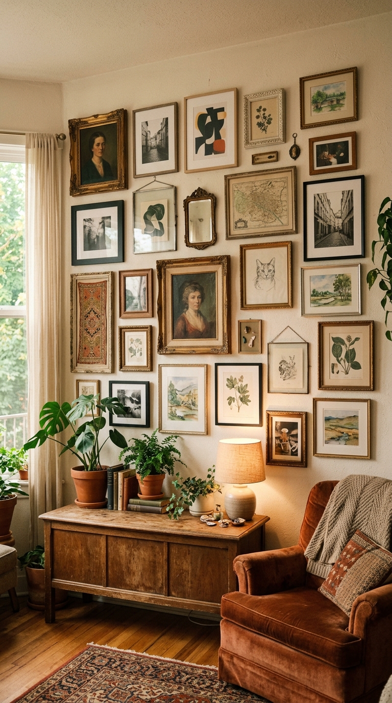 Eclectic gallery wall mixing vintage and modern framed art