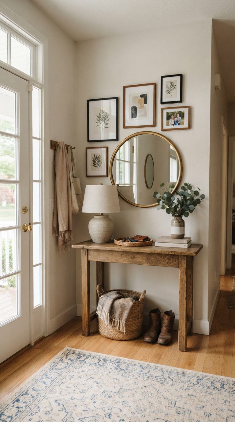 Entryway corner gallery wall with a mirror and console table