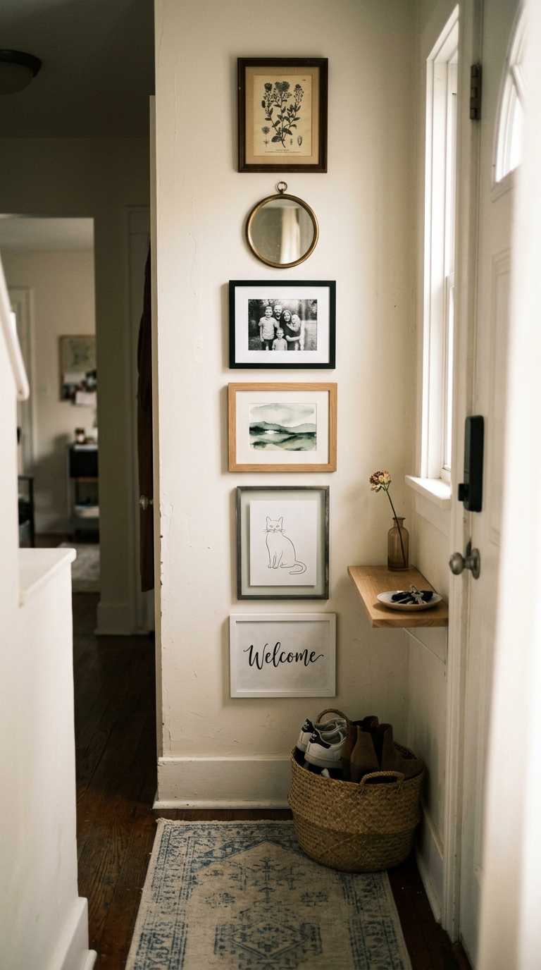 Narrow entryway gallery wall with a vertical frame layout
