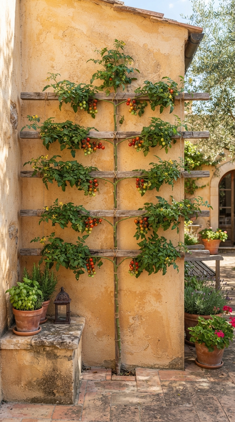 Espalier-trained tomato plant growing flat against a garden wall
