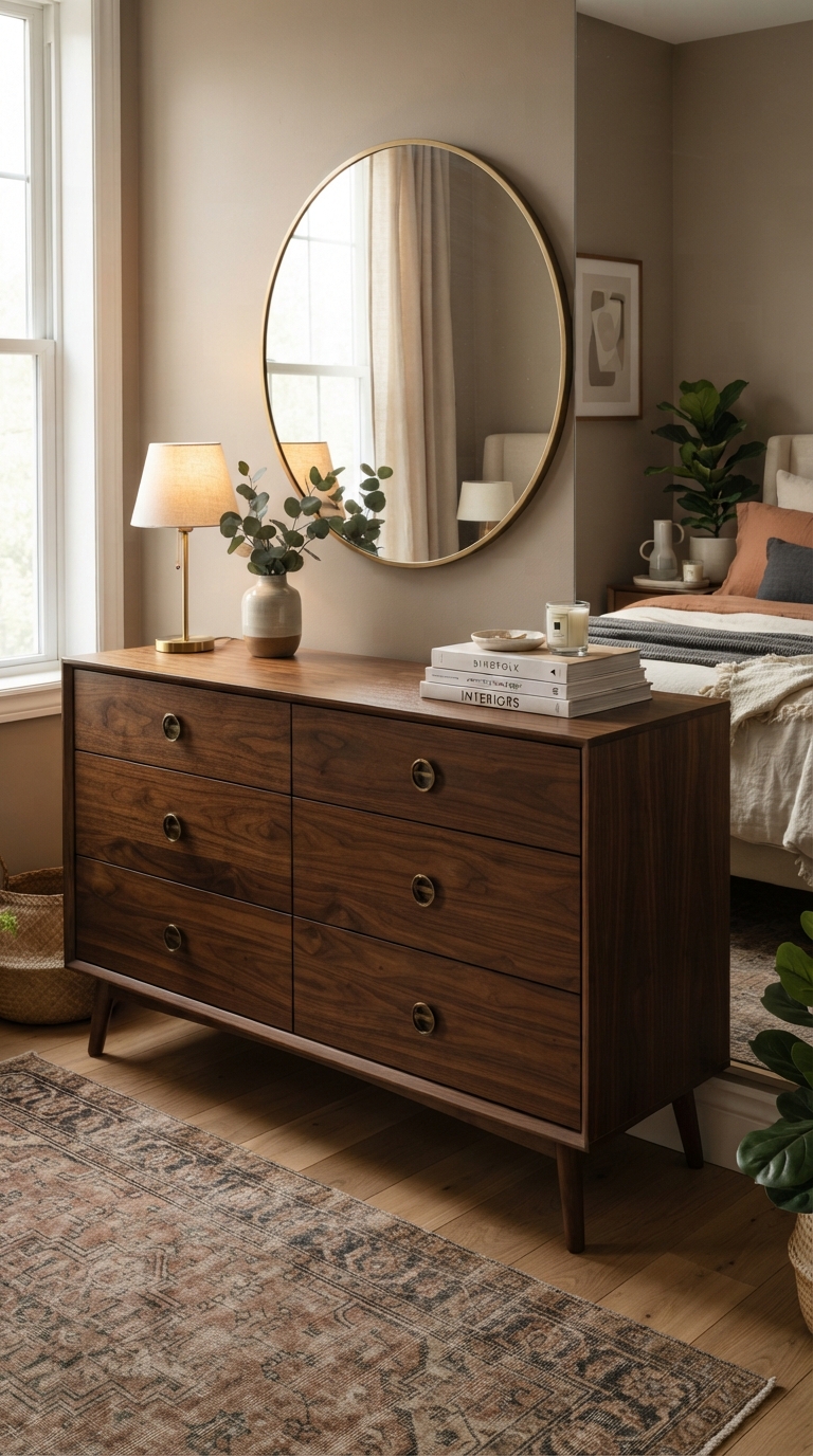 Espresso wood bedroom furniture with brass hardware for a moody autumn look.