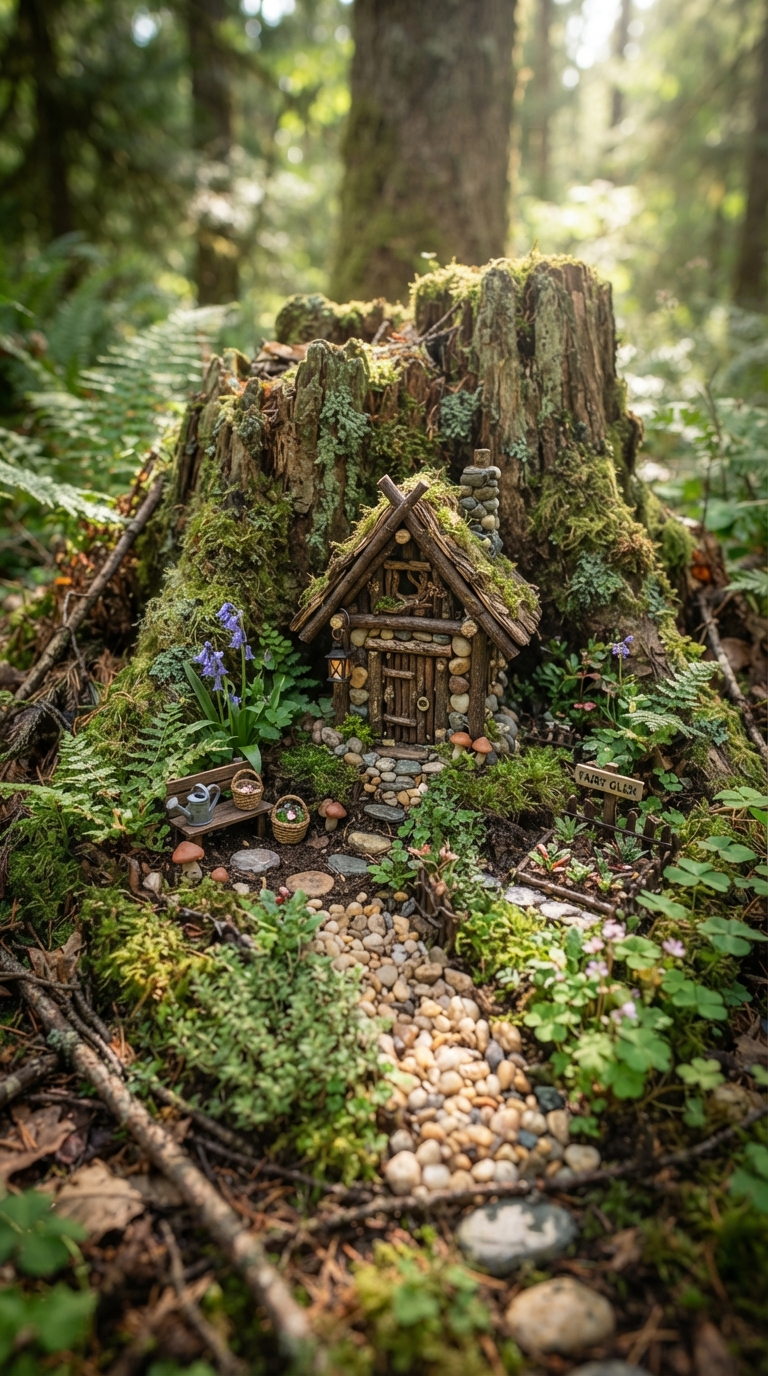 Miniature fairy garden corner with tiny house and moss path in a whimsical backyard