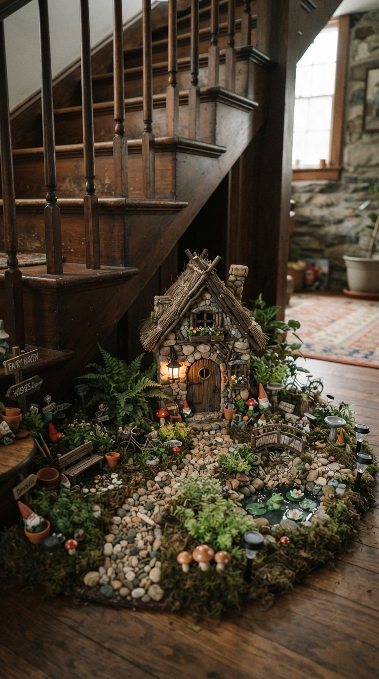 Whimsical fairy garden styled under a staircase with miniature accessories