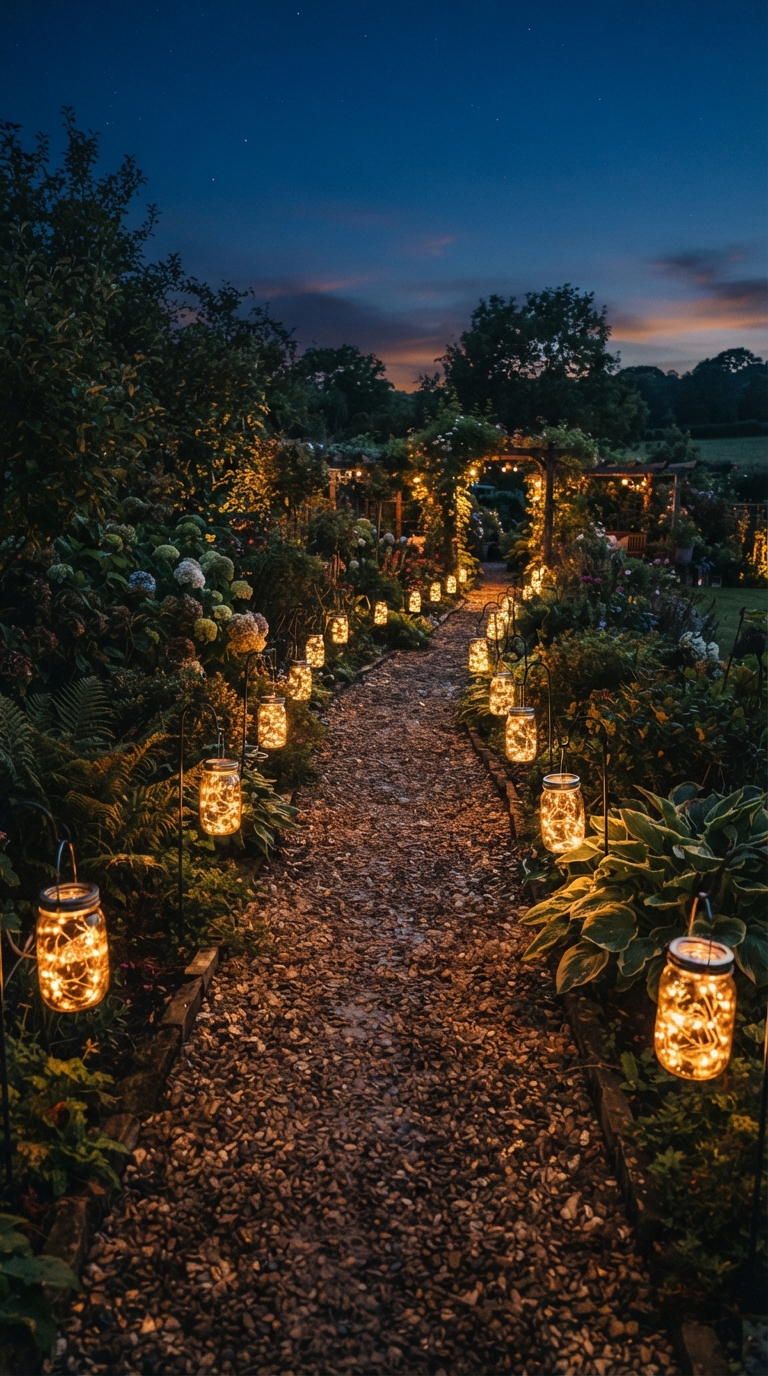Mason jar fairy light path glowing at twilight in a whimsical hippie garden