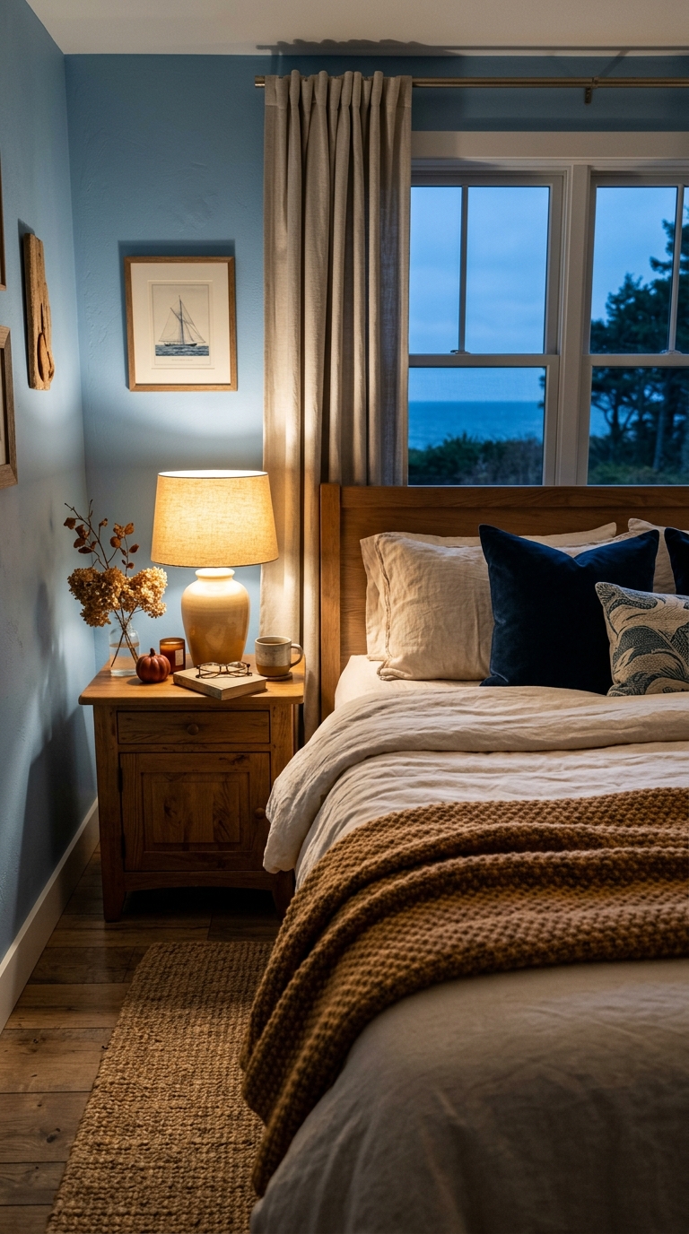 Cozy coastal blue bedroom with fall textures