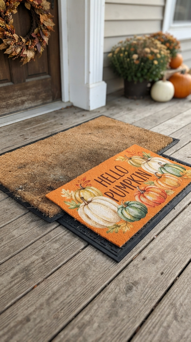 Layered fall doormats with pumpkin print on a wood porch floor