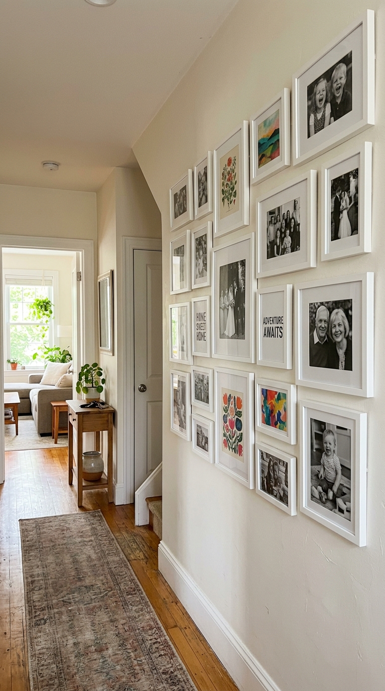 Gallery wall combining black-and-white family photos with art prints