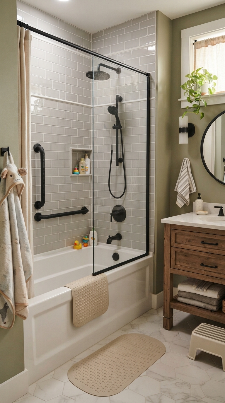 Family-friendly tub shower combo with styled grab bars