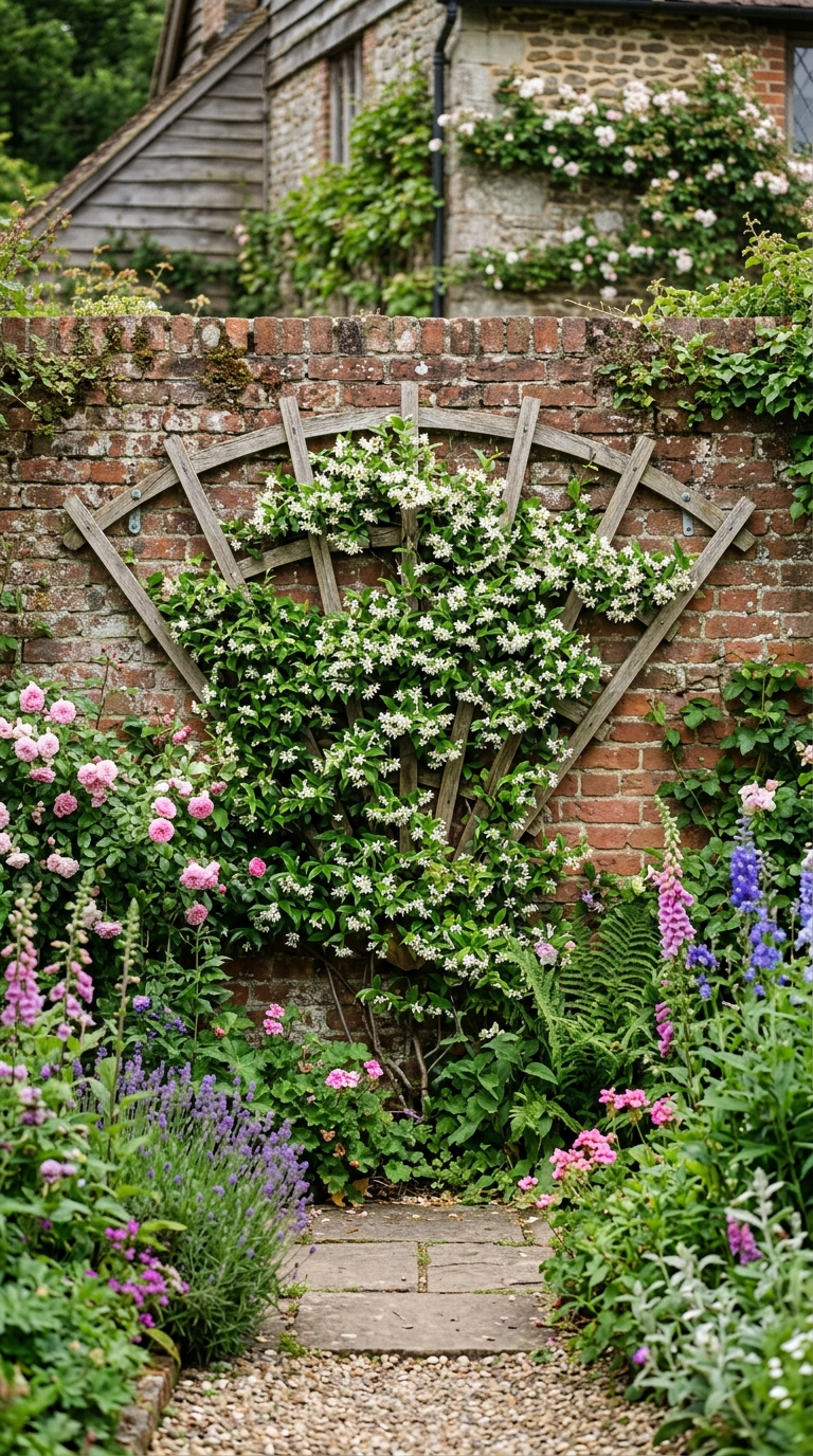 Star jasmine growing on a fan-shaped trellis mounted against a wall