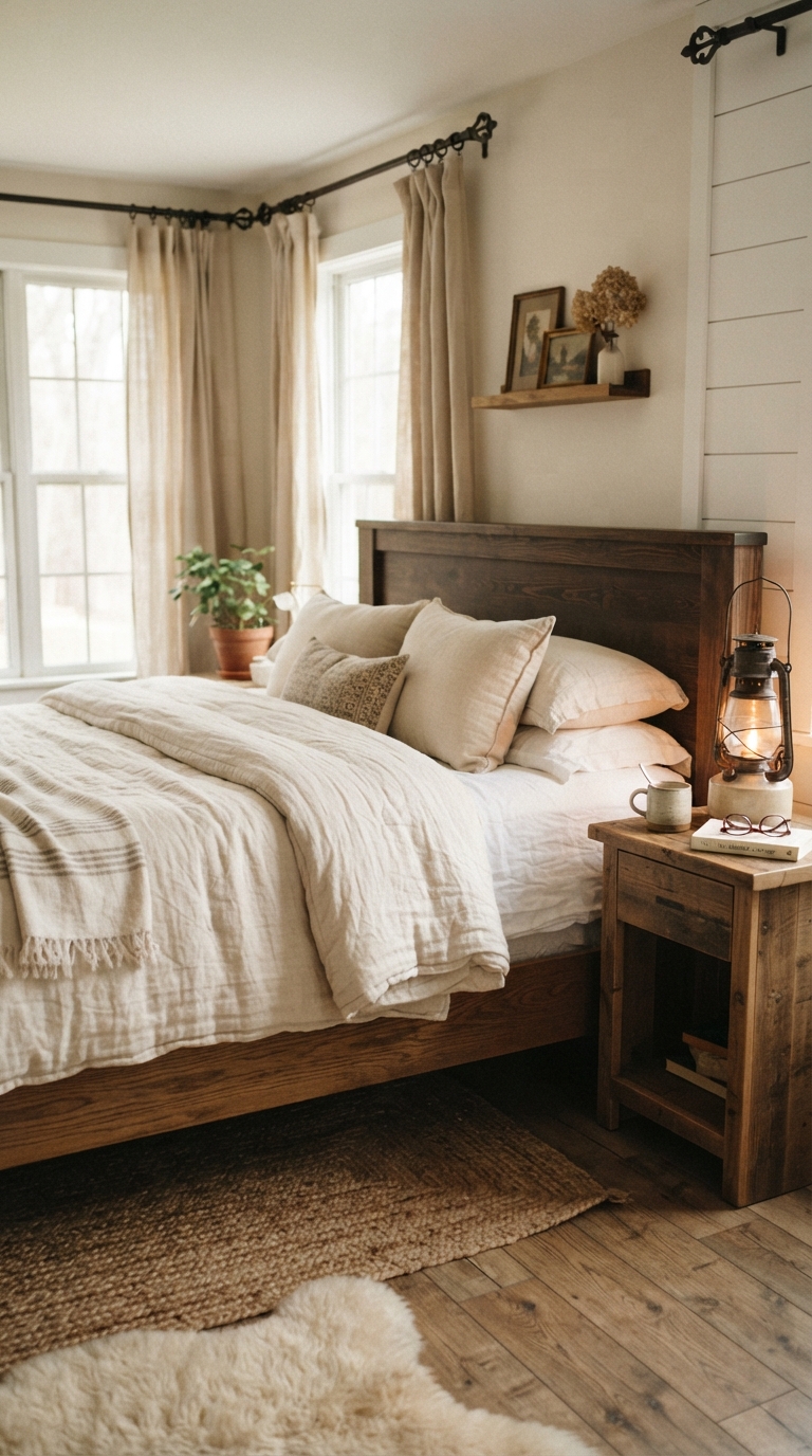 Modern farmhouse bed styling in a fall bedroom